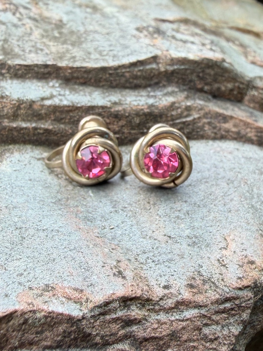 Vintage Little Nemo Pink Crystal Knot Stud Screwback Clip On Earrings